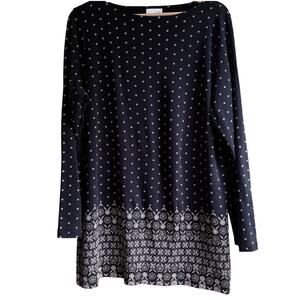 J JILL Black Floral Dot Tunic Top Long Sleeve Cotton Modal Boho Casual L